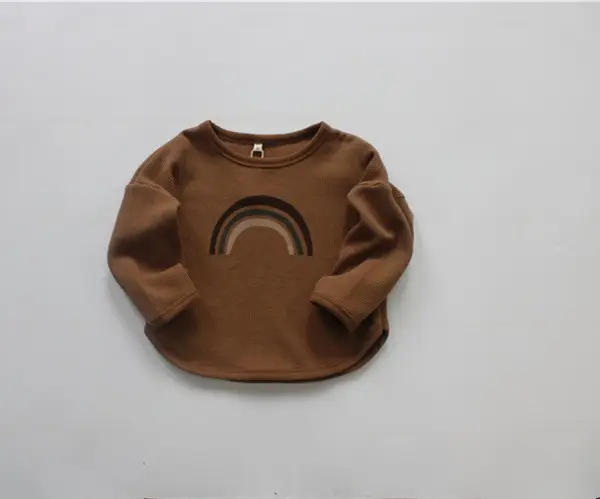 2026 Spring Kids Waffle T-Shirt Brown White Loose Round Neck — feature 15
