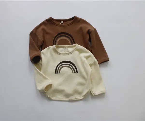 2026 Spring Kids Waffle T-Shirt Brown White Loose Round Neck — feature 5