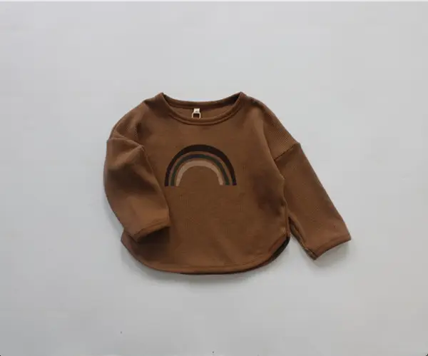 2026 Spring Kids Waffle T-Shirt Brown White Loose Round Neck - Image 2