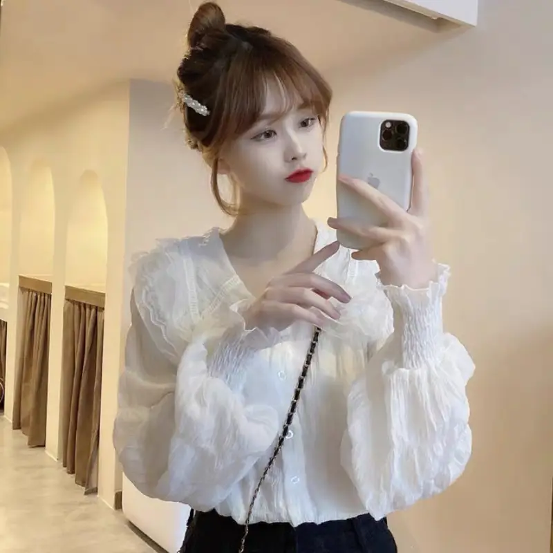 Sweet Pleated Doll Collar Shirt Women 2025 Spring Autumn - Image 4