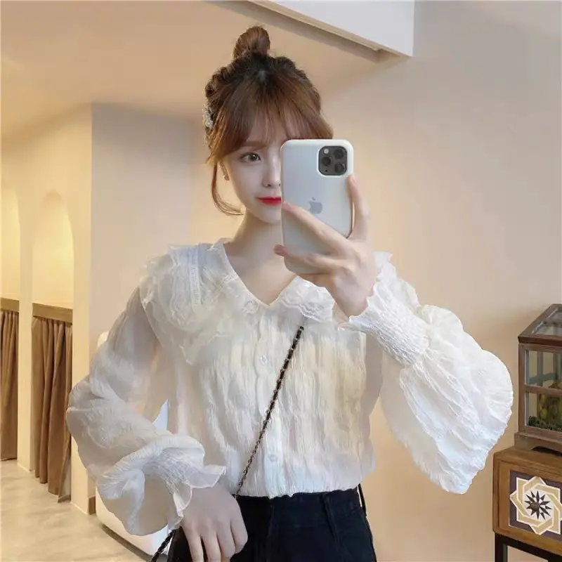 Sweet Pleated Doll Collar Shirt Women 2025 Spring Autumn - Image 5