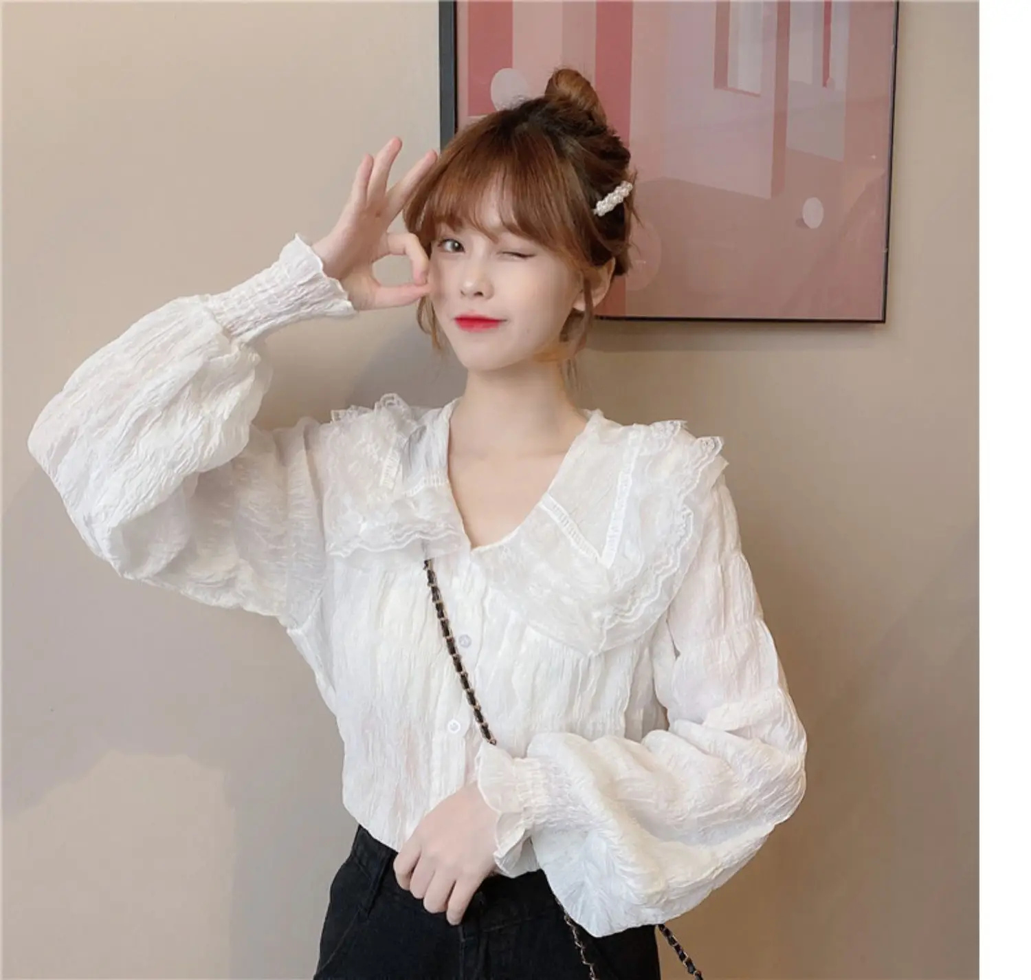 Sweet Pleated Doll Collar Shirt Women 2025 Spring Autumn — feature 12