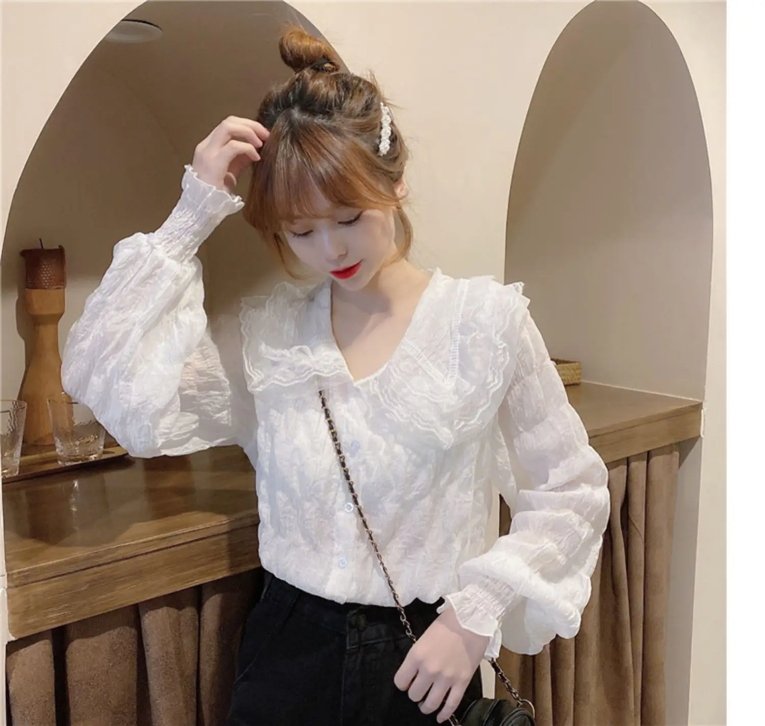 Sweet Pleated Doll Collar Shirt Women 2025 Spring Autumn — feature 15