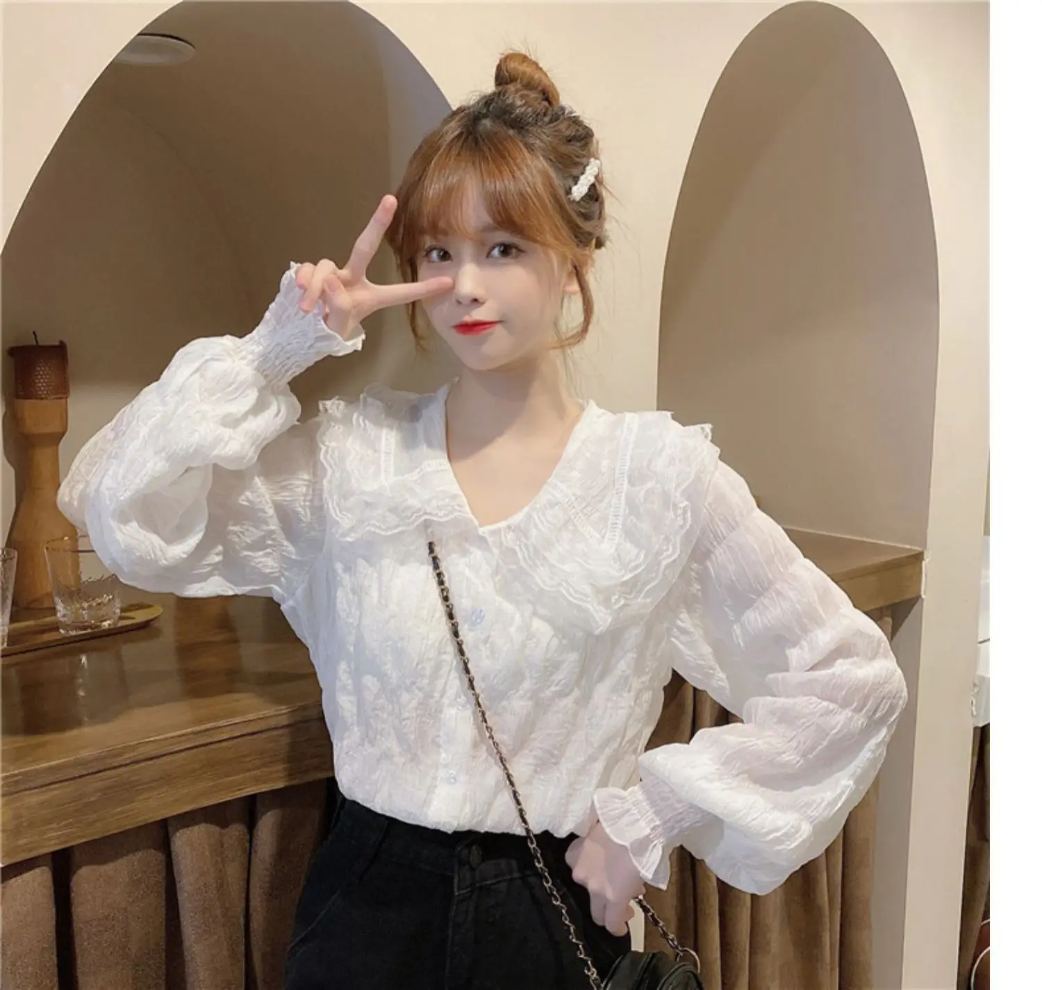 Sweet Pleated Doll Collar Shirt Women 2025 Spring Autumn — feature 16