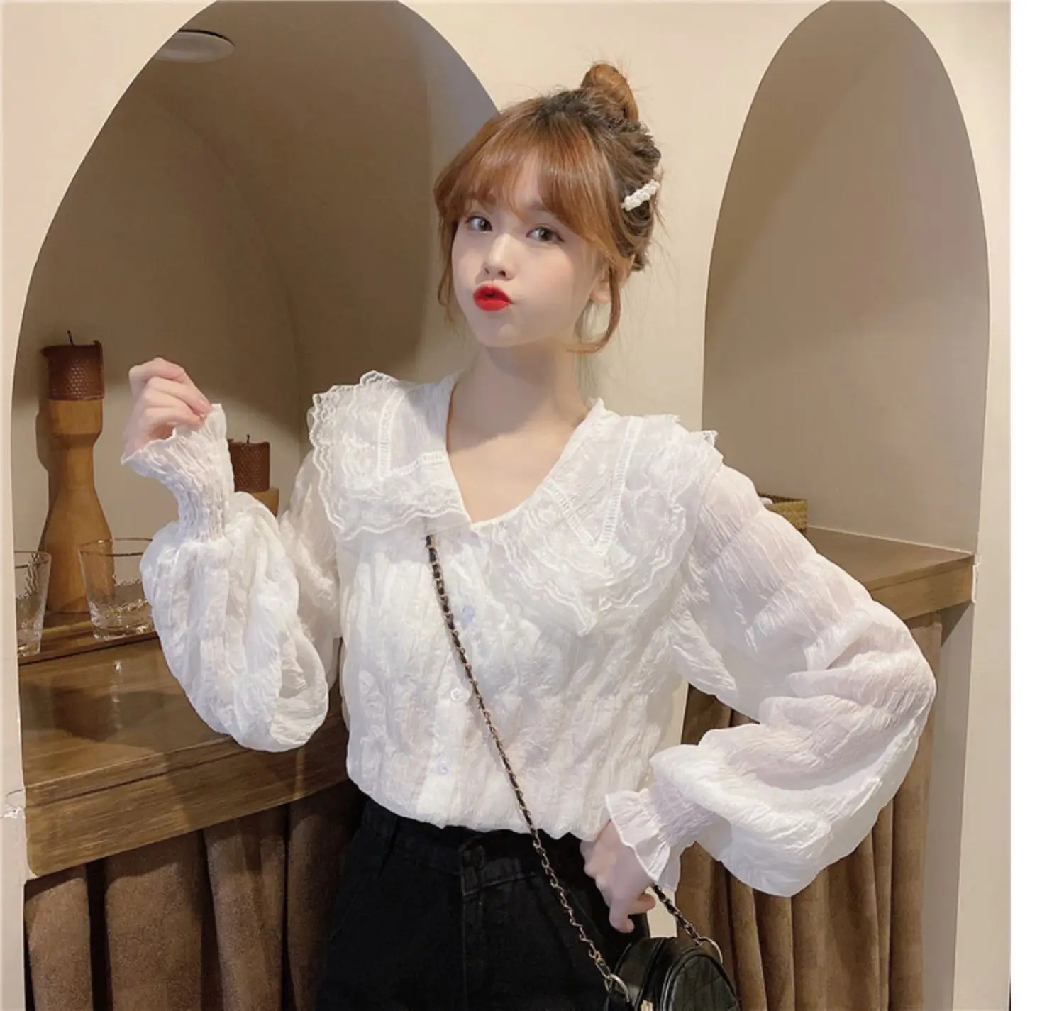 Sweet Pleated Doll Collar Shirt Women 2025 Spring Autumn — feature 17