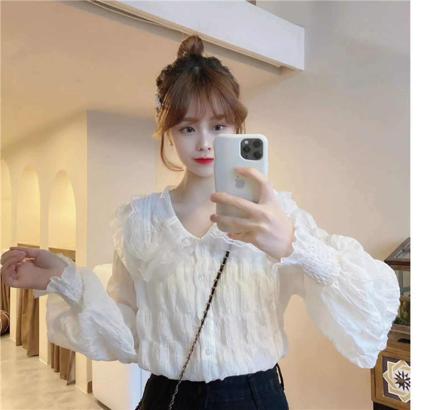 Sweet Pleated Doll Collar Shirt Women 2025 Spring Autumn — feature 21