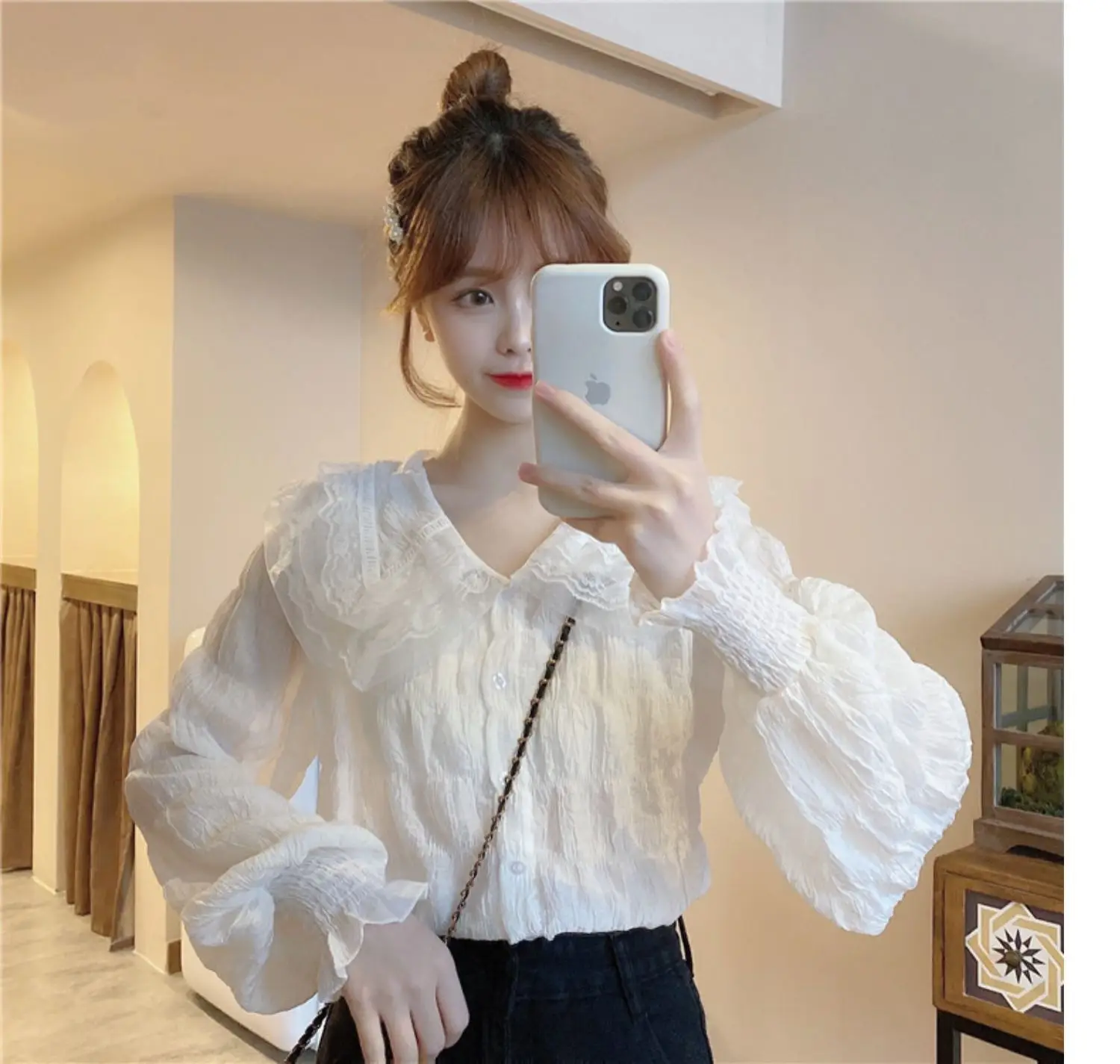 Sweet Pleated Doll Collar Shirt Women 2025 Spring Autumn — feature 24