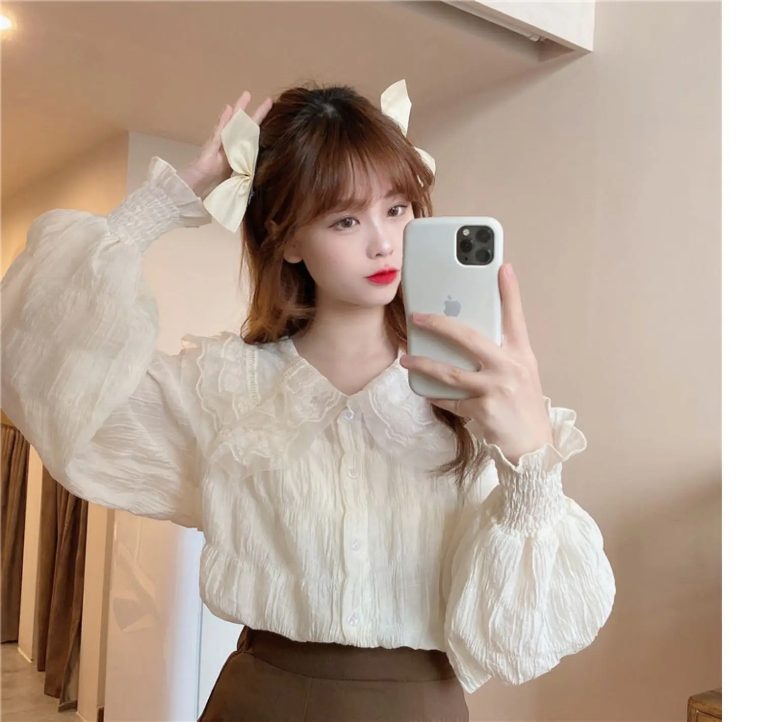 Sweet Pleated Doll Collar Shirt Women 2025 Spring Autumn — feature 27