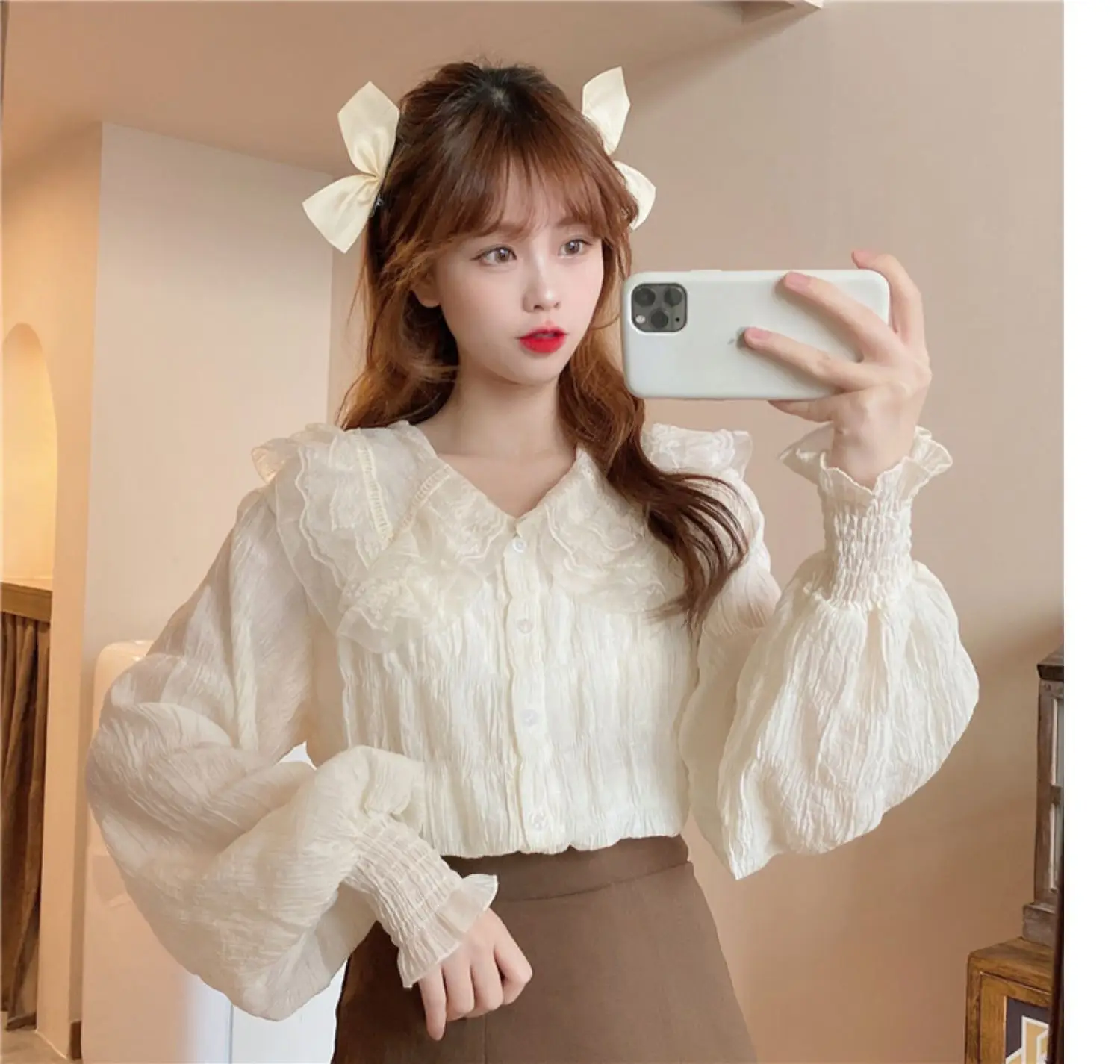 Sweet Pleated Doll Collar Shirt Women 2025 Spring Autumn — feature 29