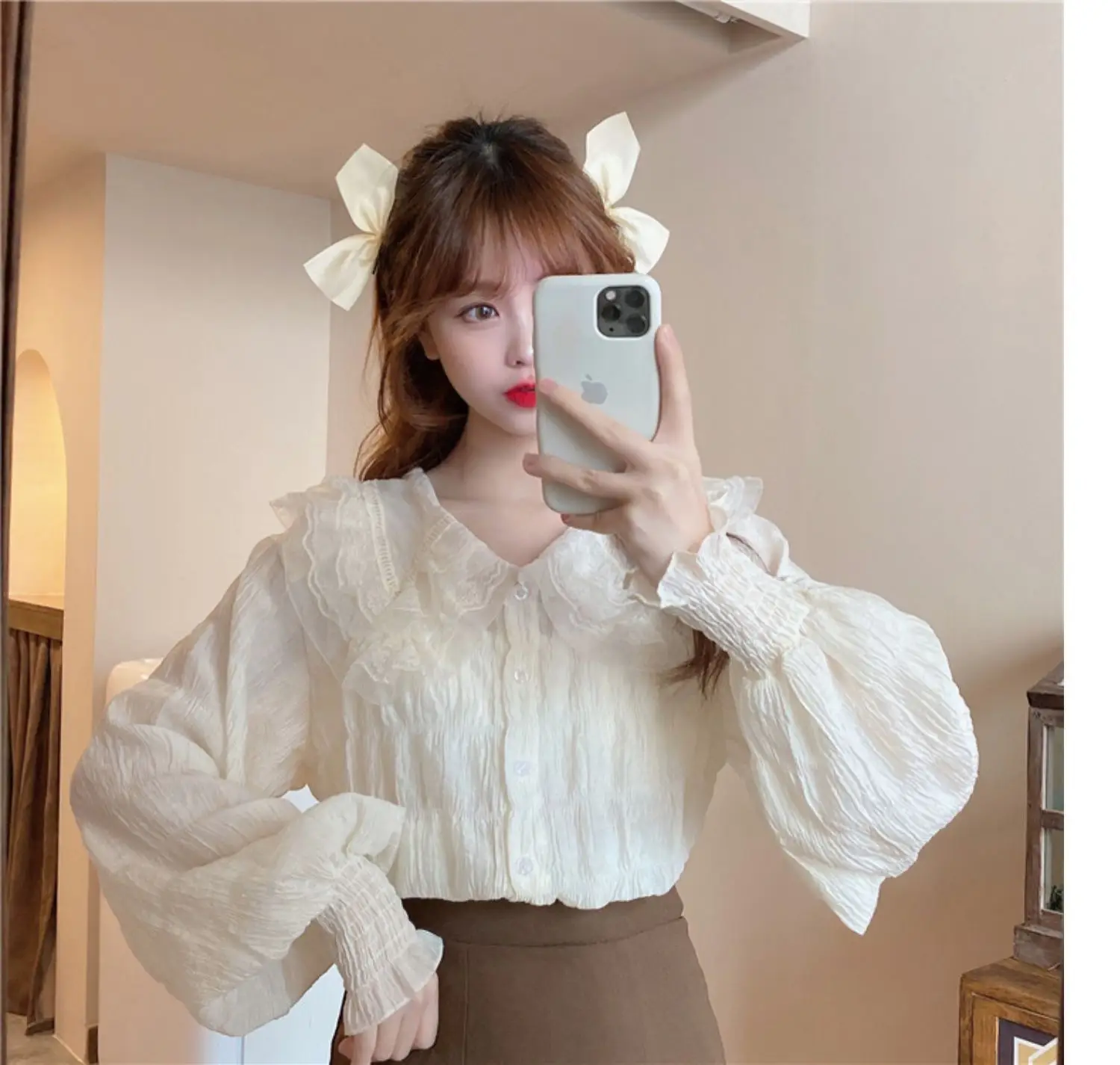 Sweet Pleated Doll Collar Shirt Women 2025 Spring Autumn — feature 30