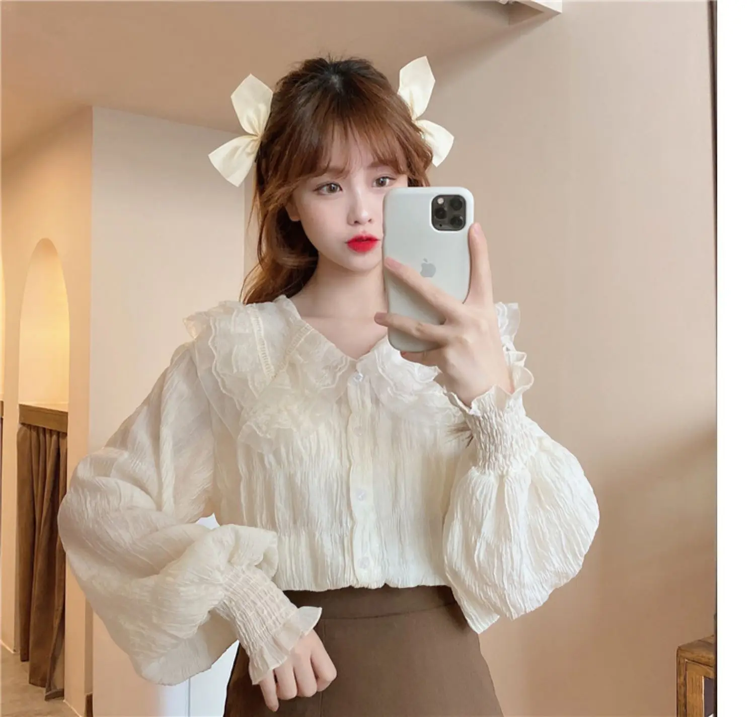 Sweet Pleated Doll Collar Shirt Women 2025 Spring Autumn — feature 31