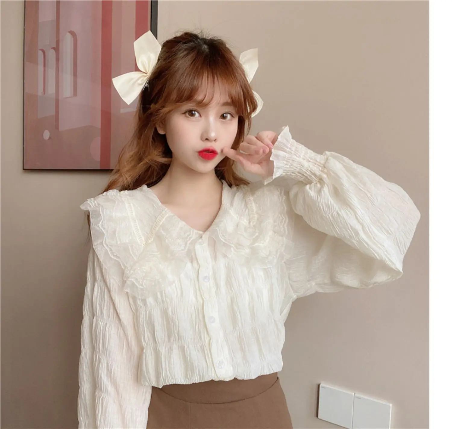 Sweet Pleated Doll Collar Shirt Women 2025 Spring Autumn — feature 33