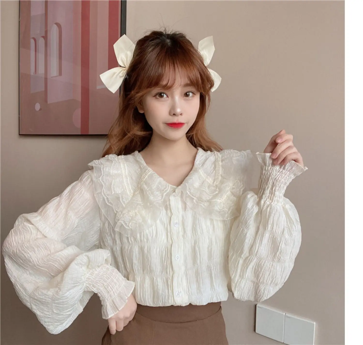 Sweet Pleated Doll Collar Shirt Women 2025 Spring Autumn — feature 35