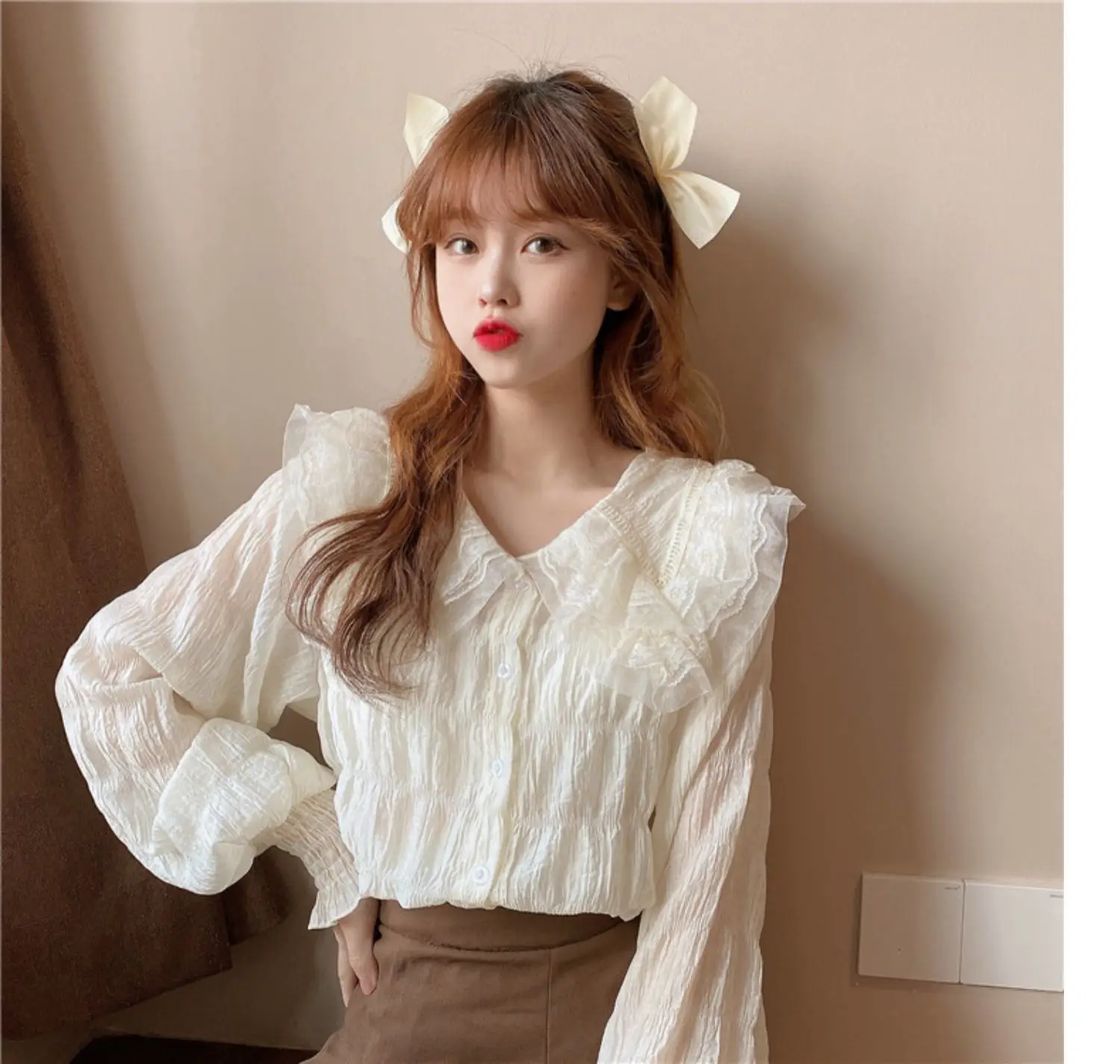 Sweet Pleated Doll Collar Shirt Women 2025 Spring Autumn — feature 36
