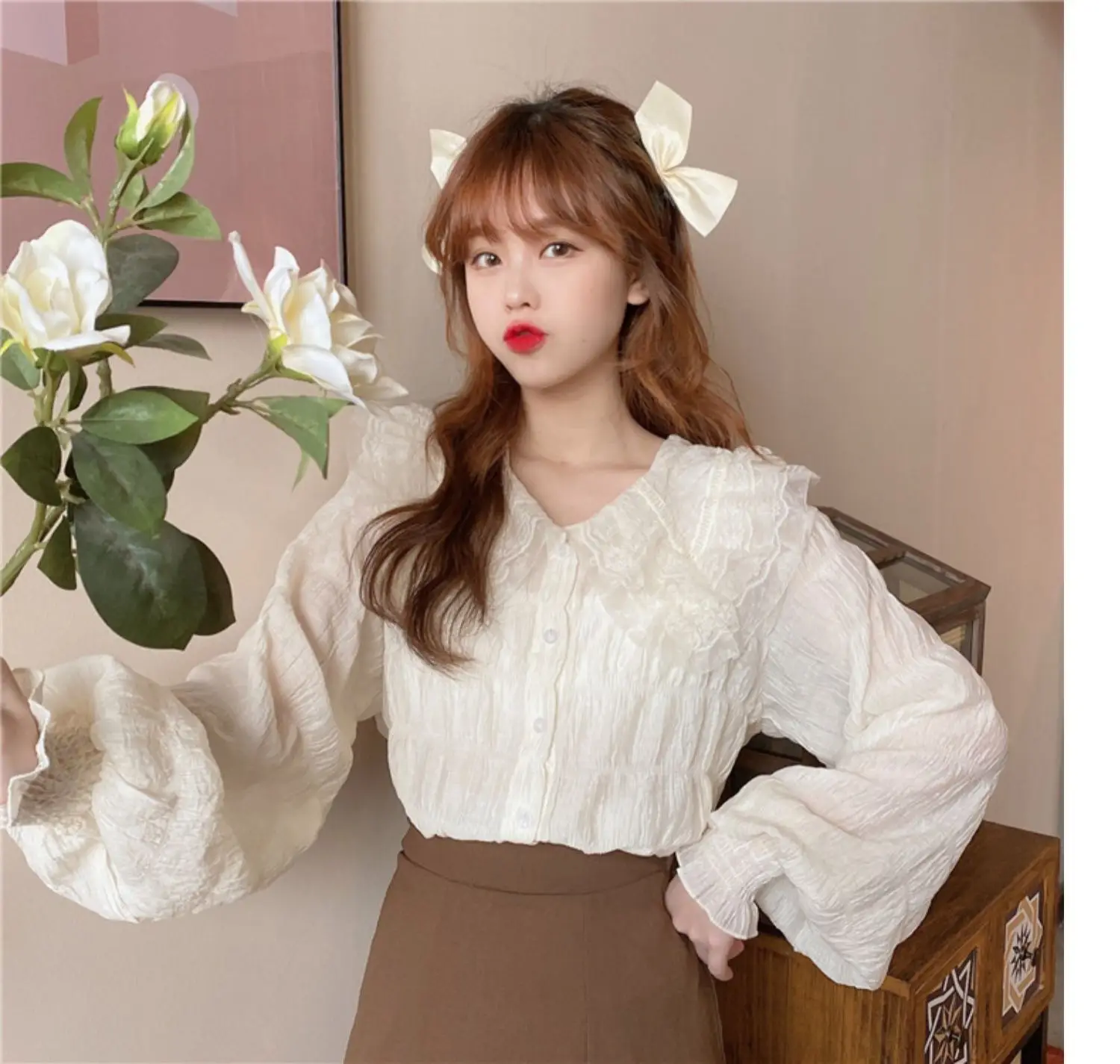 Sweet Pleated Doll Collar Shirt Women 2025 Spring Autumn — feature 37