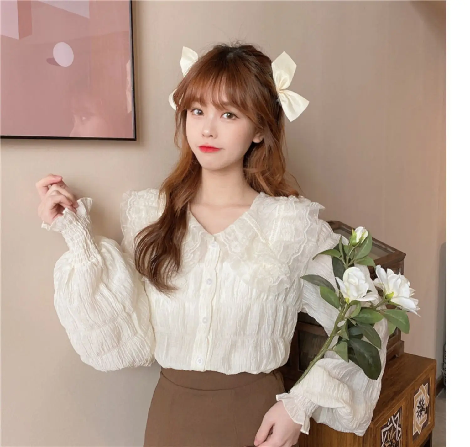 Sweet Pleated Doll Collar Shirt Women 2025 Spring Autumn — feature 38