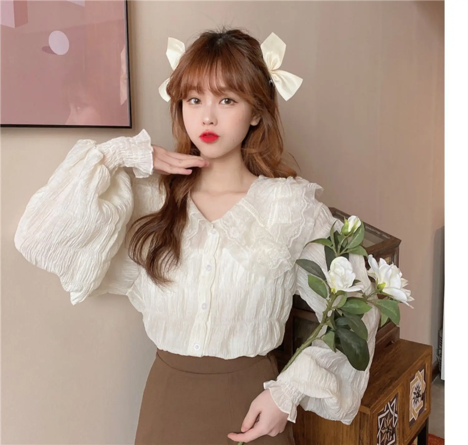 Sweet Pleated Doll Collar Shirt Women 2025 Spring Autumn — feature 39