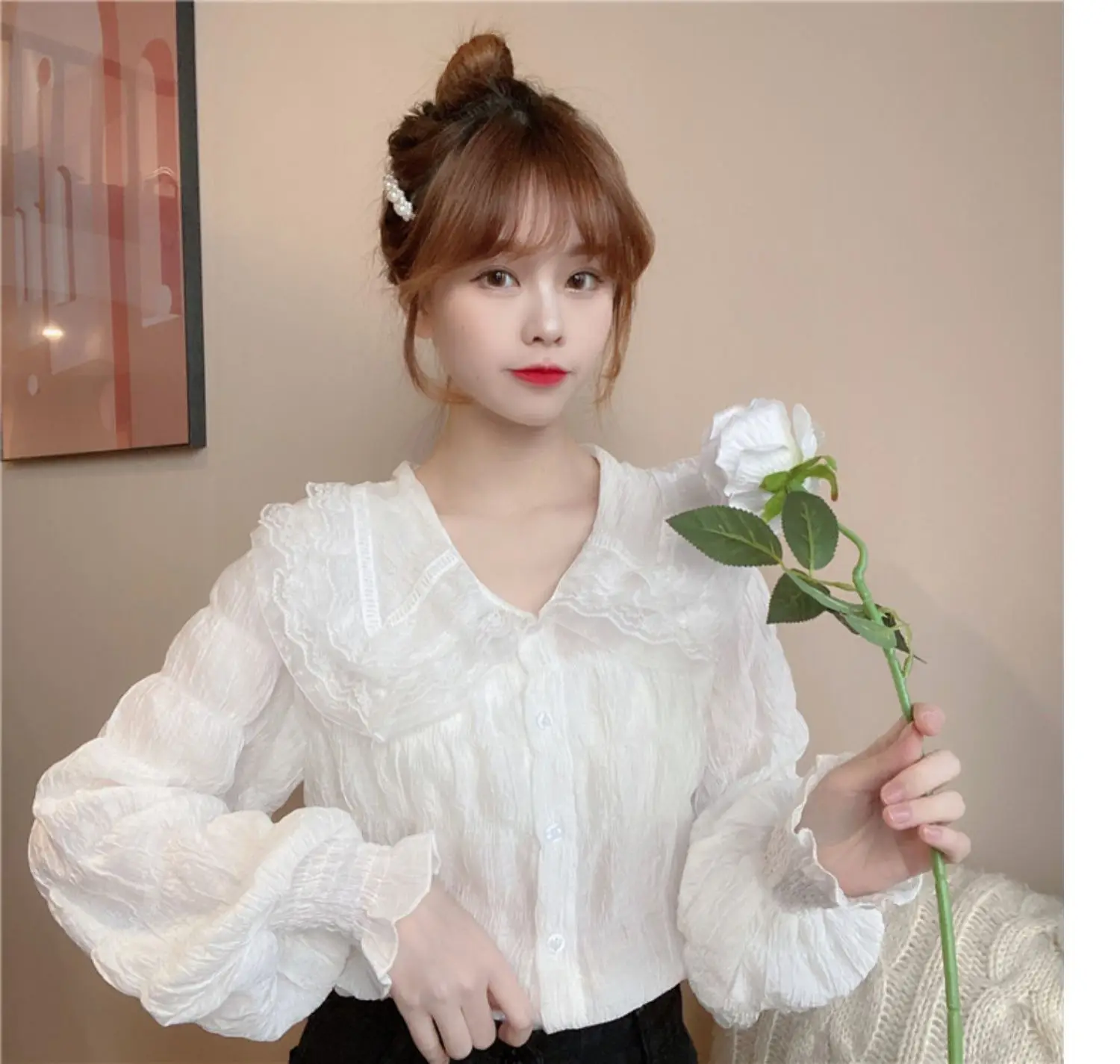 Sweet Pleated Doll Collar Shirt Women 2025 Spring Autumn — feature 4