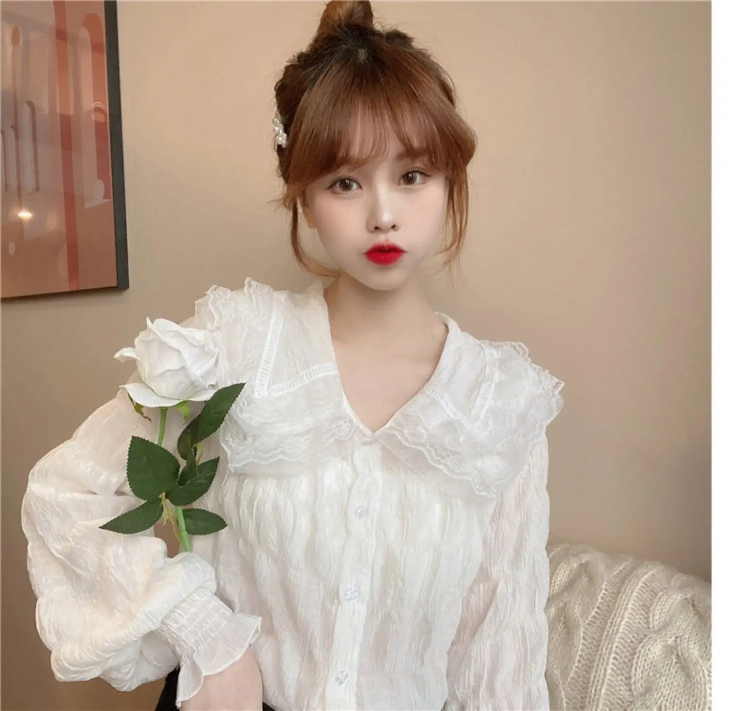 Sweet Pleated Doll Collar Shirt Women 2025 Spring Autumn — feature 5