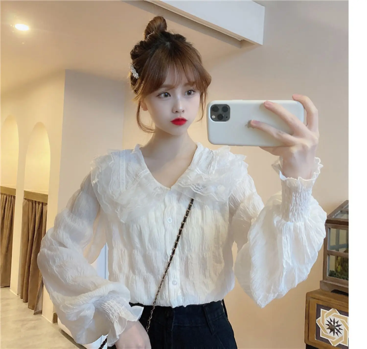 Sweet Pleated Doll Collar Shirt Women 2025 Spring Autumn - Image 2