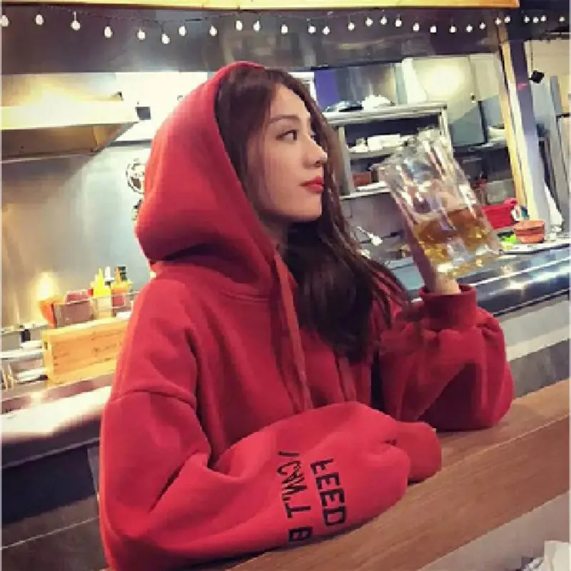 Women Red Fleece Hooded Sweatshirt Long Sleeve - Image 2