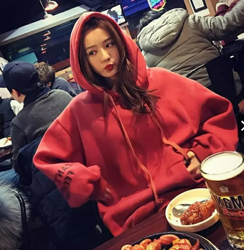 Women Red Fleece Hooded Sweatshirt Long Sleeve - Image 4