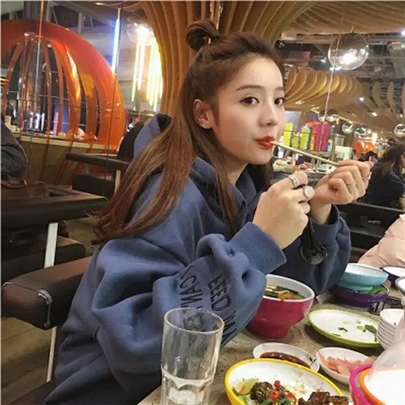 Women Red Fleece Hooded Sweatshirt Long Sleeve - Image 3