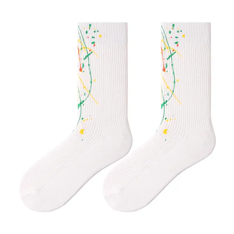 White Socks for Women, Mid-Calf Socks for Spring and Summer, Japanese Style Splash-Ink Graffiti Hip-Hop Couple Style Long Socks, Men's Trendy Casual Cotton Socks