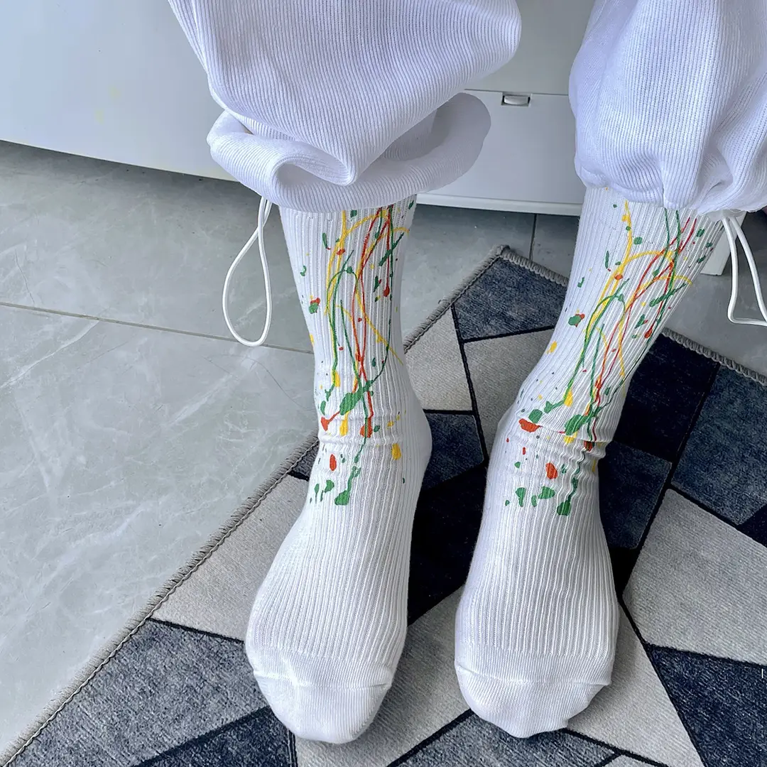 White Socks for Women, Mid-Calf Socks for Spring and Summer, Japanese Style Splash-Ink Graffiti Hip-Hop Couple Style Long Socks, Men's Trendy Casual Cotton Socks