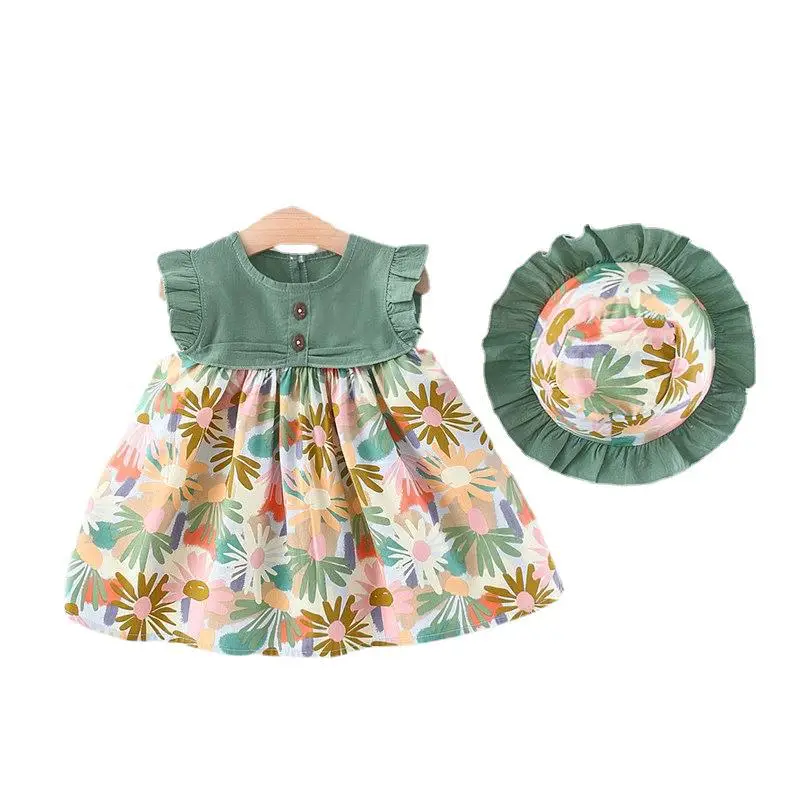 Girls Summer Sleeveless Printed Dress Green Floral - Image 5
