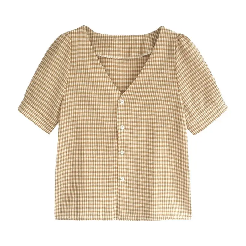 Women Plaid V-Neck Short Top Summer Wear - Image 7
