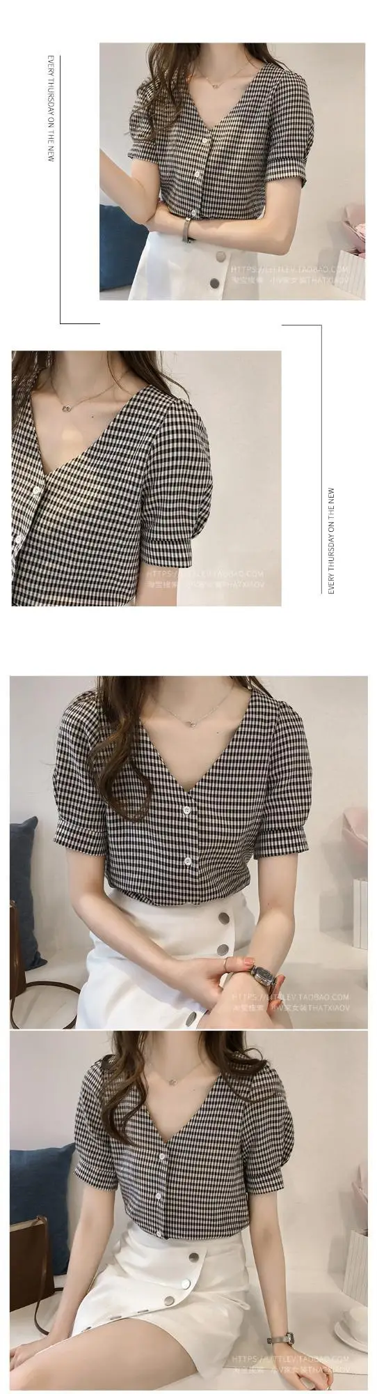 Women Plaid V-Neck Short Top Summer Wear — feature 2
