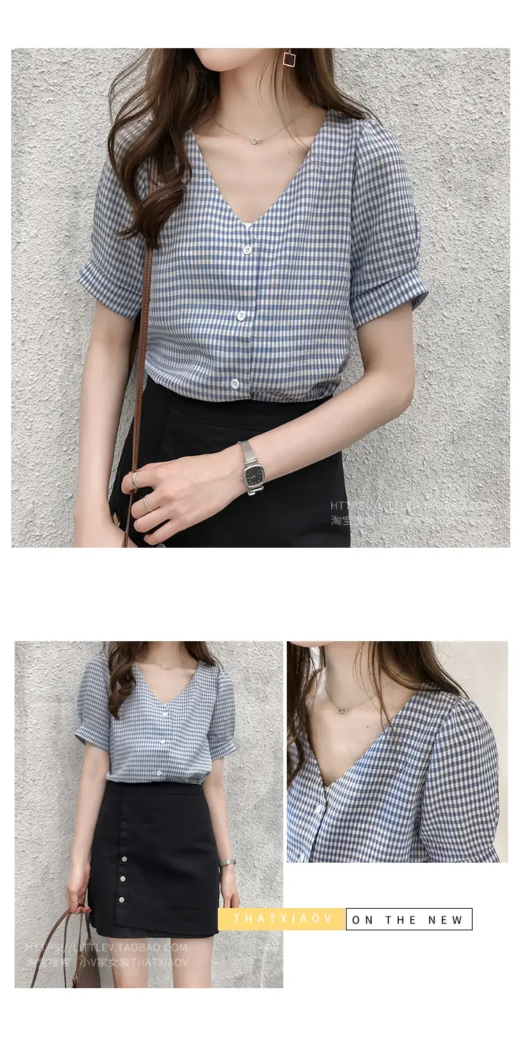 Women Plaid V-Neck Short Top Summer Wear — feature 3
