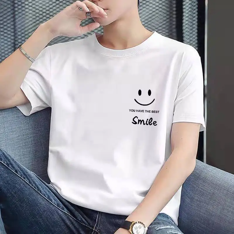 2022 Men Printed Short Sleeve T-Shirt White Slim Fit