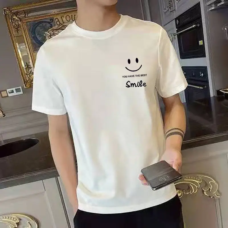 2022 Men Printed Short Sleeve T-Shirt White Slim Fit