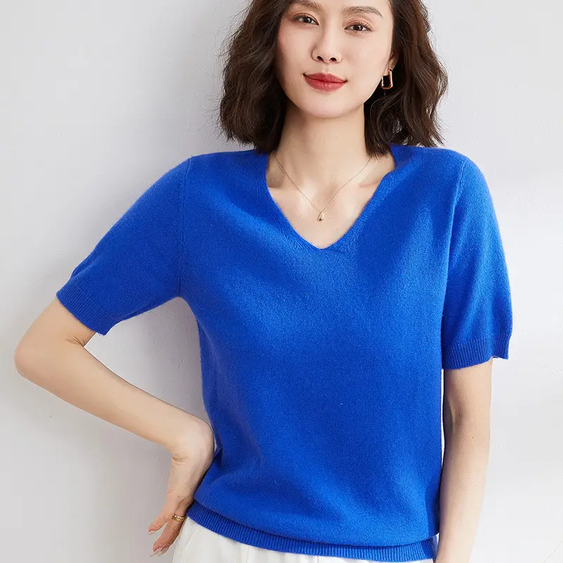 Green Knitted V-Neck Short Sleeve Pullover for Women - Image 13