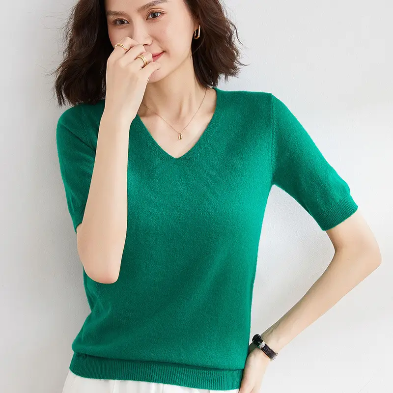 Green Knitted V-Neck Short Sleeve Pullover for Women - Image 14