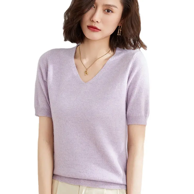 Green Knitted V-Neck Short Sleeve Pullover for Women - Image 15