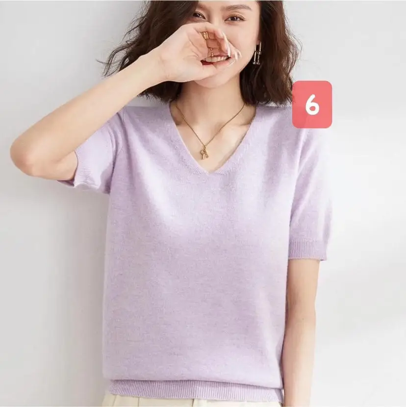 Green Knitted V-Neck Short Sleeve Pullover for Women - Image 10