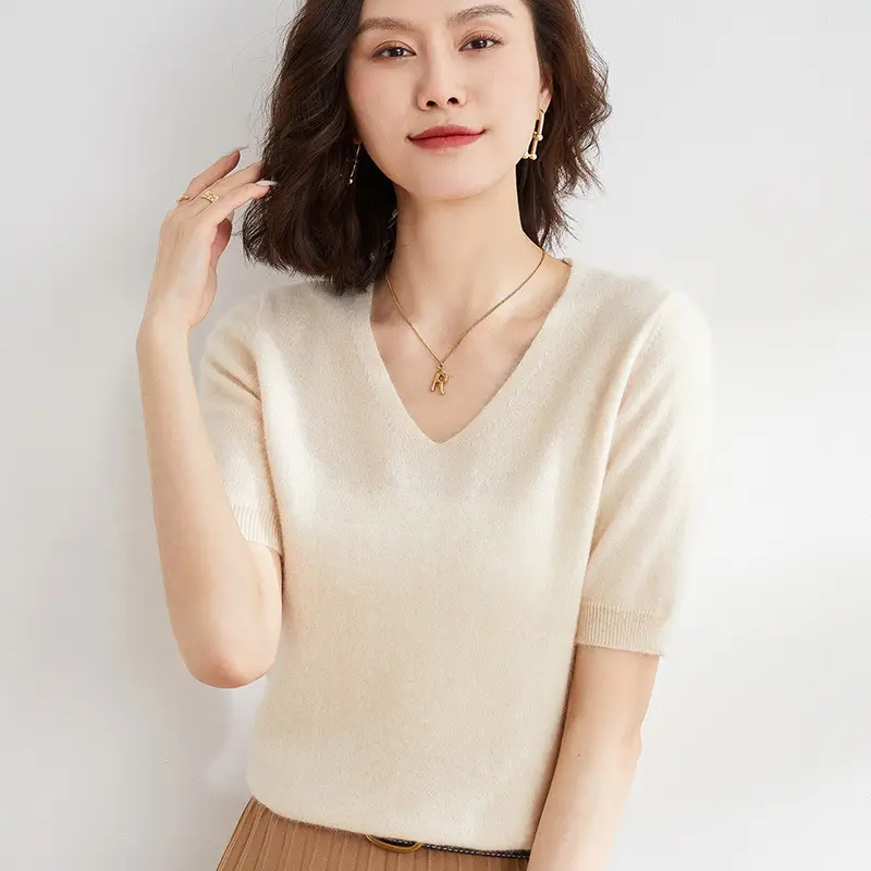 Green Knitted V-Neck Short Sleeve Pullover for Women - Image 6