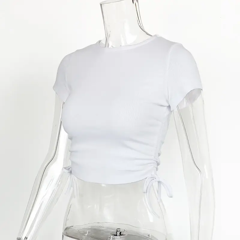 Women Cotton Rib Slim Fit Drawstring T-Shirt White — feature 16