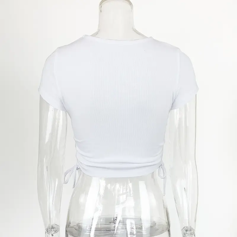 Women Cotton Rib Slim Fit Drawstring T-Shirt White — feature 17