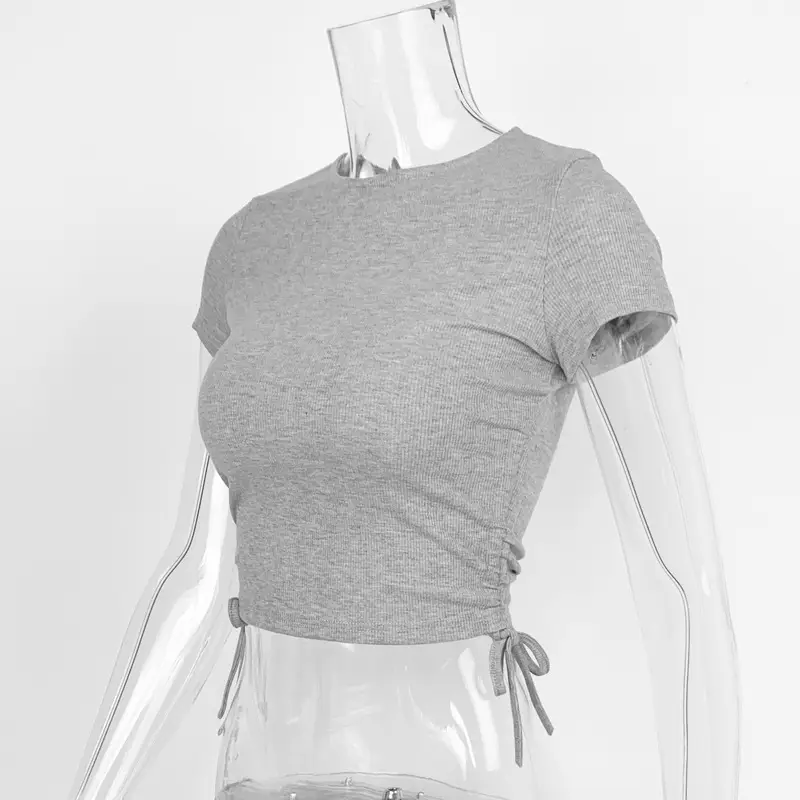 Women Cotton Rib Slim Fit Drawstring T-Shirt White — feature 22