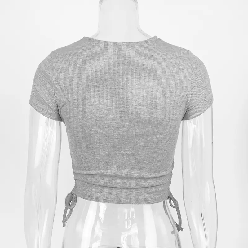 Women Cotton Rib Slim Fit Drawstring T-Shirt White — feature 23