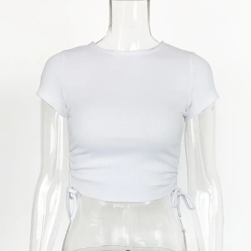 Women Cotton Rib Slim Fit Drawstring T-Shirt White
