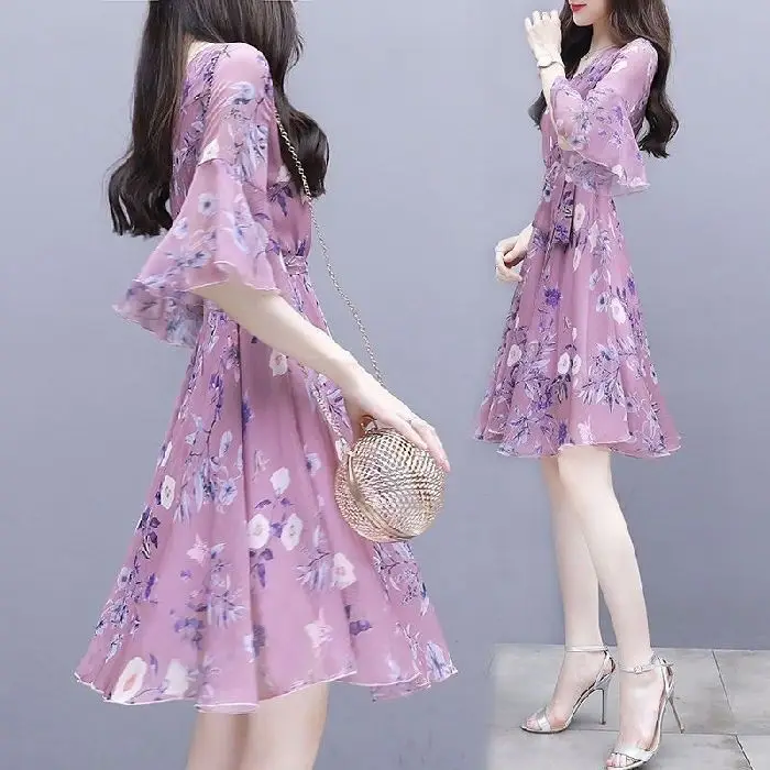 Women's Pink Floral High Waist Dress — feature 2