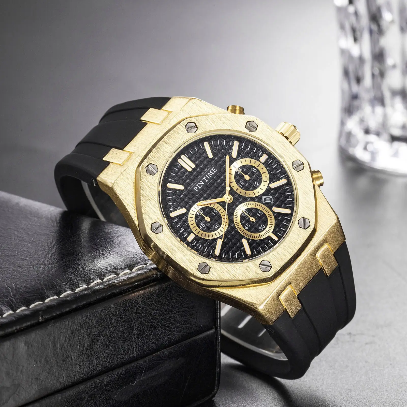 Men's Rose Gold Chronograph Watch with Black Strap - Image 12