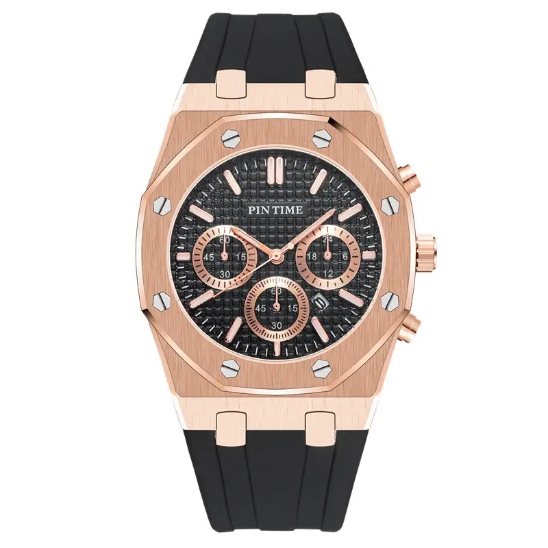 Men's Rose Gold Chronograph Watch with Black Strap - Image 2