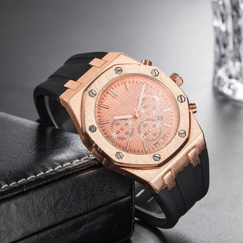 Men's Rose Gold Chronograph Watch with Black Strap - Image 8