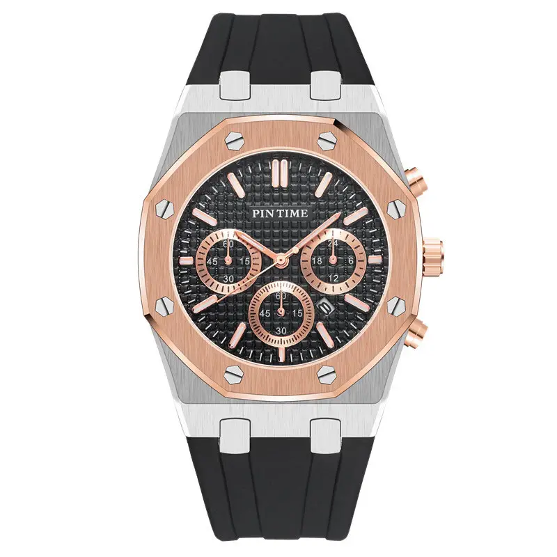 Men's Rose Gold Chronograph Watch with Black Strap - Image 9